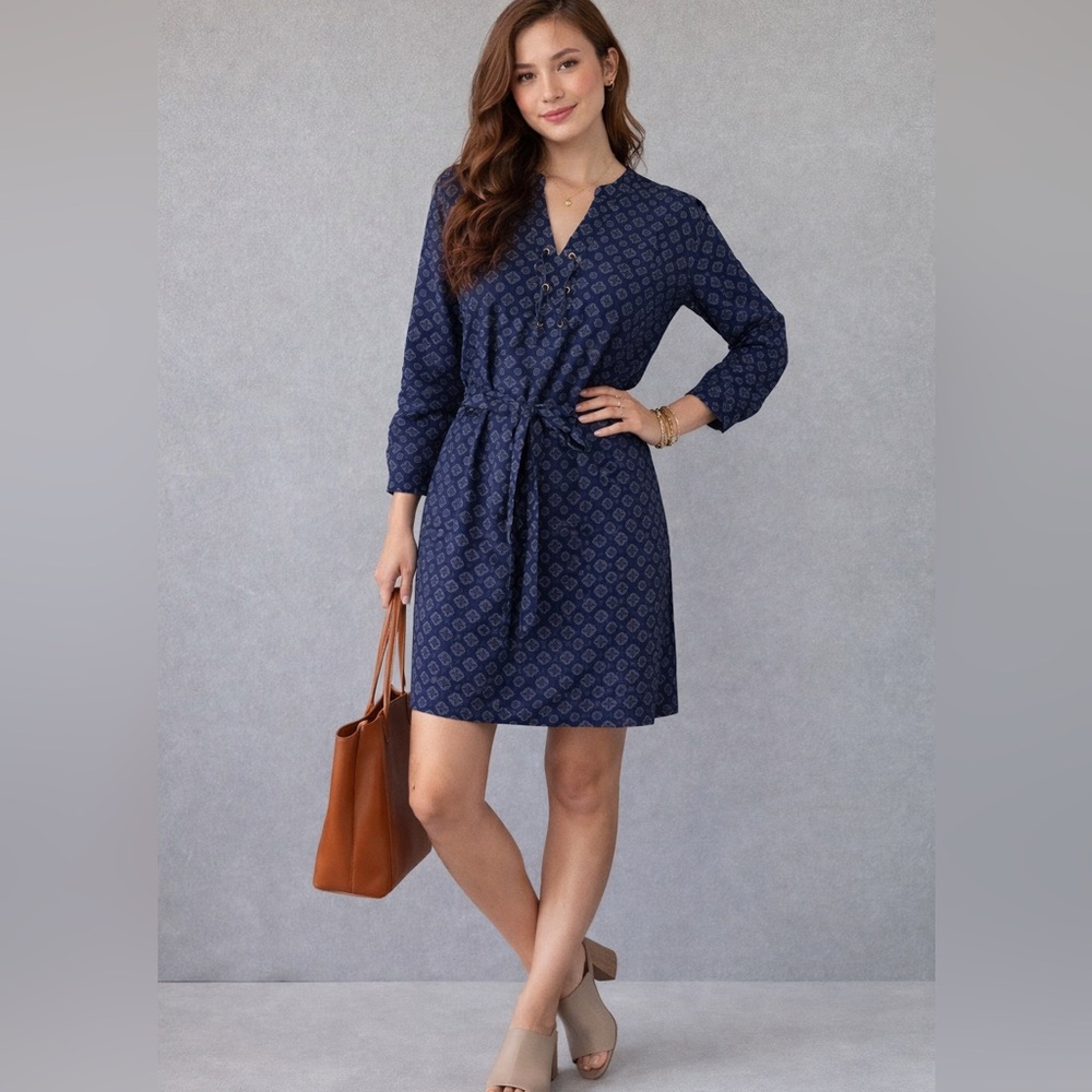 Banana Republic Blue Printed Belted Shirt Dress Size 8 Lace Up V Neck